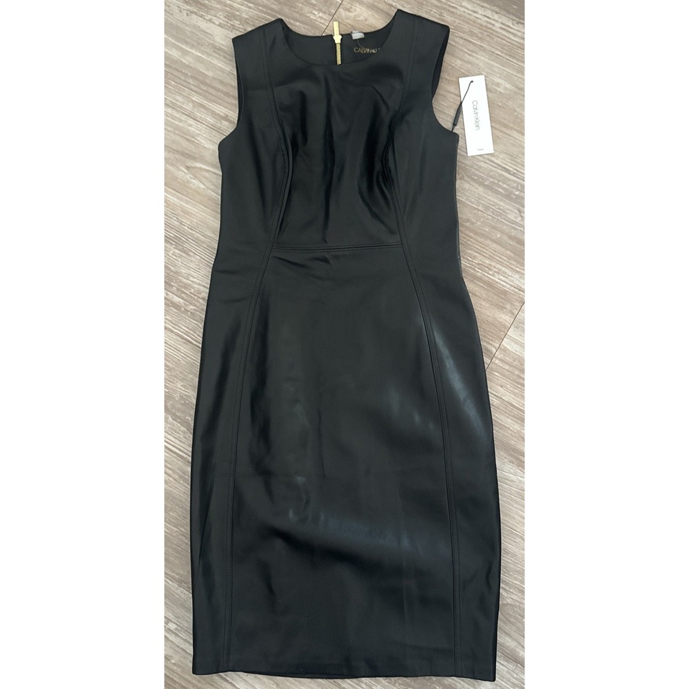 Calvin Klein Faux Leather Dress Womens 2 NWT Black Solid Sheath Back Zip City